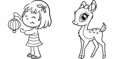 Naklejka premium Adorable Cartoon Girl with Lantern and Cute Fawn Lineart for Kids Coloring Pages