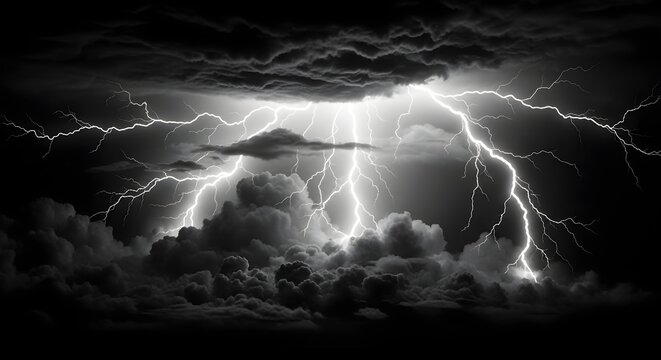 Dramatic black and white lightning storm illuminating the night sky with intense energy