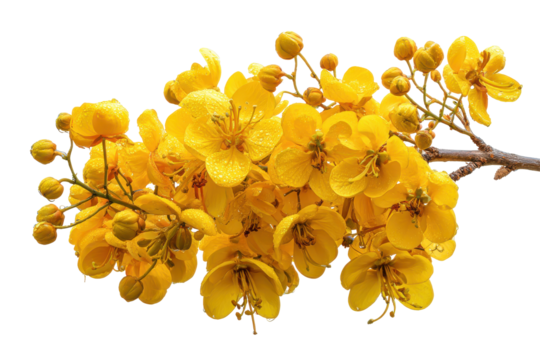 Vibrant yellow cassia fistula flowers isolated on transparent background. Vibrant yellow flowers isolated on white background.