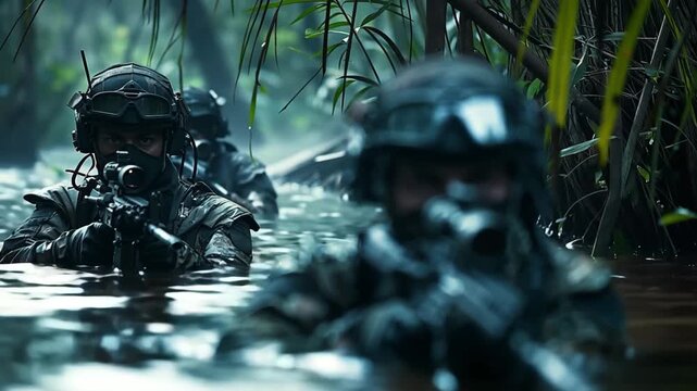 An elite team of special forces operatives in full tactical gear stealthily advancing through a dense jungle river