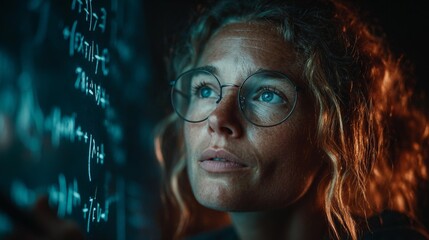 Intelligent scientist analyzing complex data with focused expression and glasses, solving problems with innovative solutions