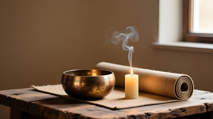 Singing Bowl, Candle, Yoga Mat, and Incense - Meditation, Zen, Spiritual Still Life