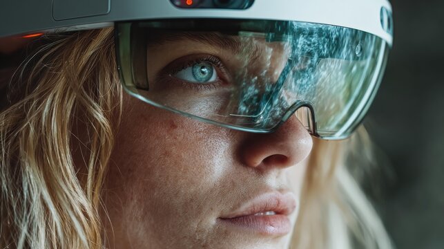 Woman wearing augmented reality headset experiencing immersive digital world, envisioning future tech innovation - Powered by Adobe