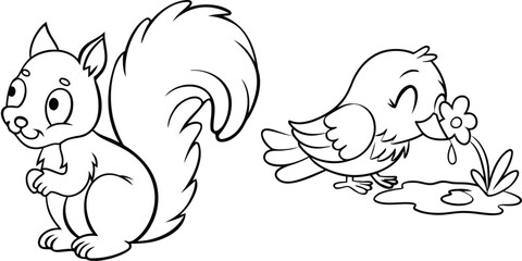Adorable Cartoon Squirrel and Bird Lineart for Kids Coloring Pages Activity