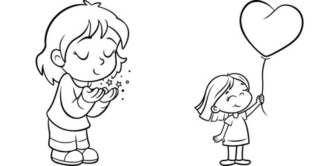 Happy Child Cartoon Drawing Featuring Magic Sparkles and a Heart Balloon