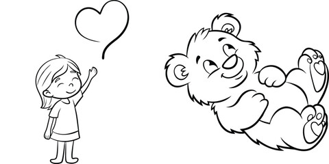 Cute Cartoon Bear and Little Girl with Heart Outline Drawing for Children's Play and Learning