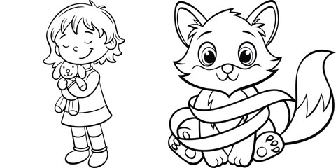 Cute Cartoon Girl and Fox Lineart Coloring Page for Children