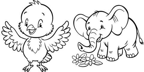 Cute Cartoon Baby Chick and Elephant Coloring Page for Kids Education Activity Design