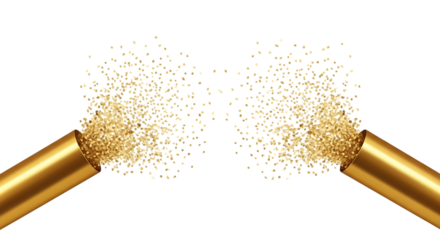 Two Golden Tubes Emitting Streams of Golden Glitter Particles Against Black Background explosion isolated on a transparent background