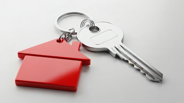 House shaped keychain attached to a silver key