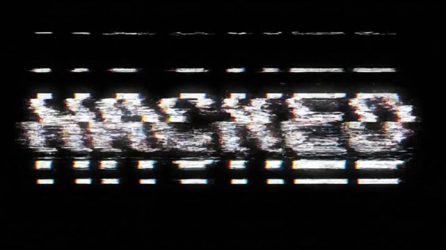 Pixelated HACKED text with heavy VCR distortion and digital noise effect on a black screen. Perfect for system breach and cybersecurity risk concepts