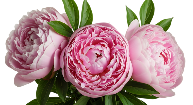 Three Lush Pink Peony Flowers with Green Leaves Against Black Background peonies floral isolated on a transparent background