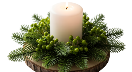 White Candle on Wood Slice with Evergreen Branches and Berries Keywords: candle, white candle, burning candle, Christmas decoration, evergreen, pine isolated on a transparent background