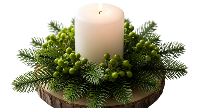 White Candle on Wood Slice with Evergreen Branches and Berries Keywords: candle, white candle, burning candle, Christmas decoration, evergreen, pine isolated on a transparent background