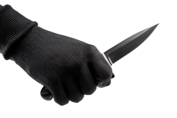 Hand wearing black glove holding a sharp knife isolated on transparent background. Gloved hand holding sharp kitchen knife isolated on white background.