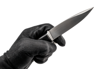 Hand wearing black glove holding a sharp knife isolated on transparent background. Gloved hand holding sharp kitchen knife isolated on white background.