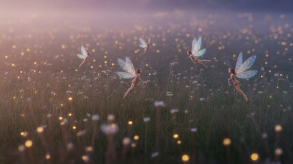 Five fairies with iridescent wings fly over a field of flowers and glowing lights fairy fantasy