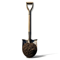 Shovel filled with rich soil on a white background