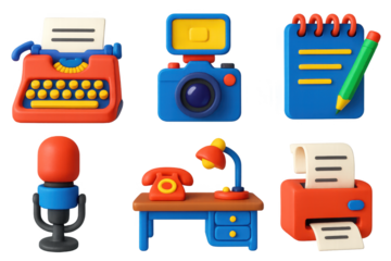 Set of six colorful plastic objects, including a typewriter, a camera, a phone