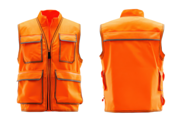 High visibility orange safety vest with reflective stripes isolated on transparent background. High visibility safety vest with reflective strips front and back view isolated on white background.