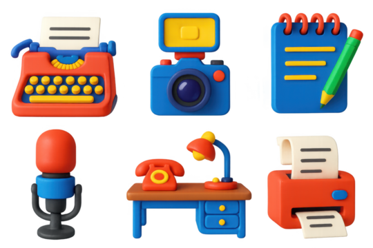 Set of six colorful plastic objects, including a typewriter, a camera, a phone