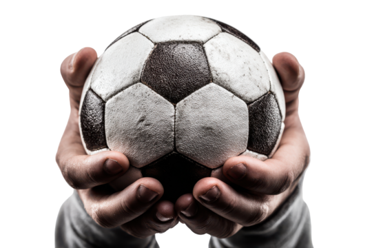 Hands holding a classic soccer ball isolated on transparent background. Hands gently holding a classic black and white soccer ball isolated on white background.