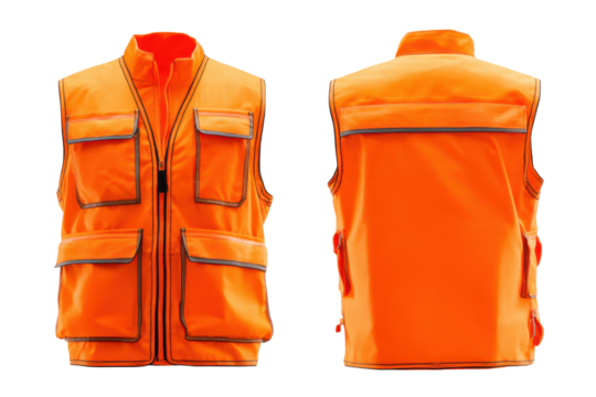 High visibility orange safety vest with reflective stripes isolated on transparent background. High visibility safety vest with reflective strips front and back view isolated on white background.