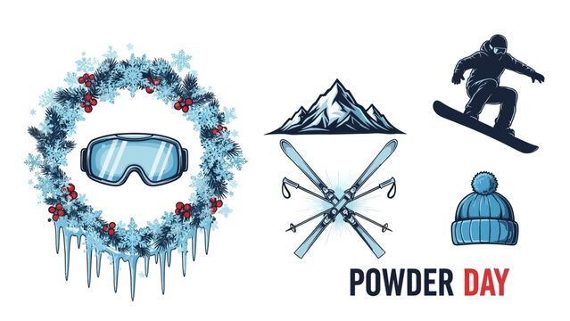 Active winter sports vector elements with snowflake wreath, skis, goggles, and mountain for resort branding