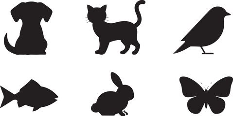 Collection of Black Animal Silhouettes: Dog, Cat, Bird, Fish, Rabbit, Butterfly