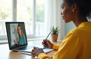 African American woman studies online using laptop at home. She attends virtual meeting. Female listens distant teacher. Student writes notes, learns at video conference from tutor indoors.
