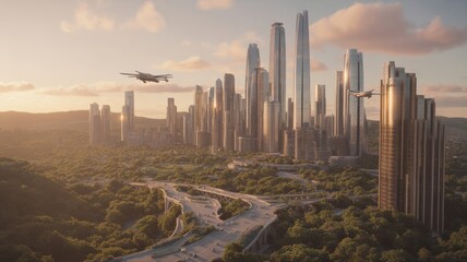 Futuristic metropolis with flying vehicles and lush green landscape at sunset city cityscape