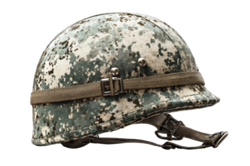 Camouflage military helmet isolated on transparent background. Modern military combat helmet with camouflage pattern isolated on white background.