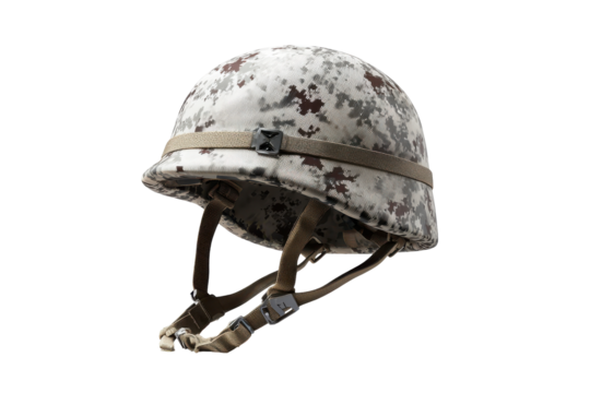 Camouflage military helmet isolated on transparent background. Modern military combat helmet with camouflage pattern isolated on white background.