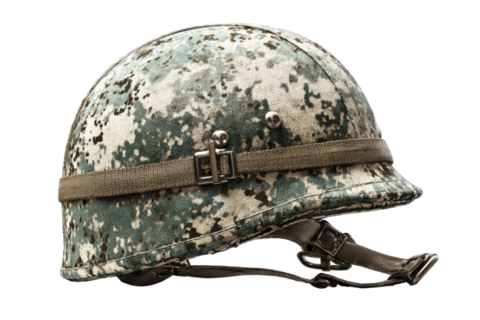 Camouflage military helmet isolated on transparent background. Modern military combat helmet with camouflage pattern isolated on white background.