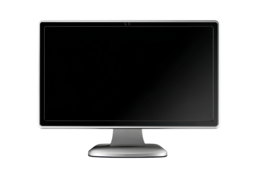 Modern computer monitor with a blank blue screen isolated on transparent background. Modern computer monitor display screen isolated on white background.