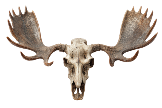 Moose skull and ape skull isolated on transparent background. Moose skull and human skull isolated on white background.