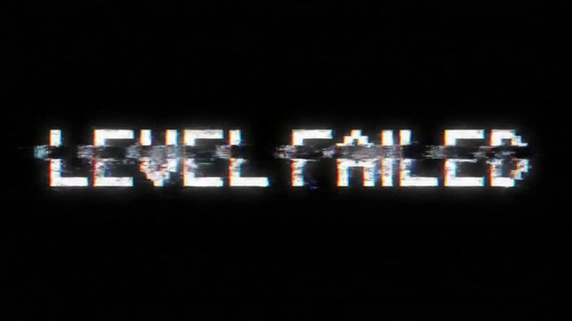 Pixelated LEVEL FAILED text with digital distortion and screen shake effect. Perfect for gaming failure and setback concepts