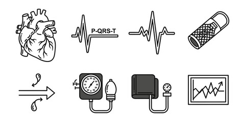 Line Art Icons Set of Cardiology, Heart Health, and Medical Monitoring