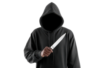 Mysterious hooded figure holding a knife isolated on transparent background. Hooded figure holds sharp knife threateningly mysterious person armed with weapon isolated on white background.