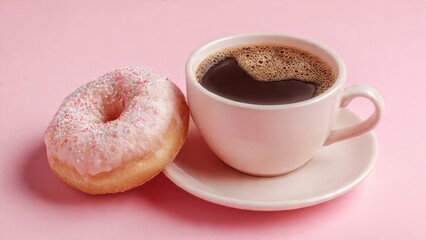 Pink Donut with Sprinkles and Coffee on Pink Background