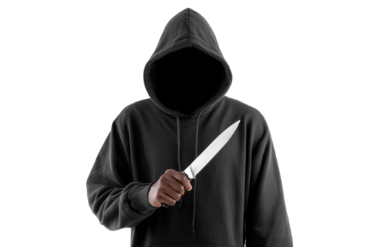 Mysterious hooded figure holding a knife isolated on transparent background. Hooded figure holds sharp knife threateningly mysterious person armed with weapon isolated on white background.