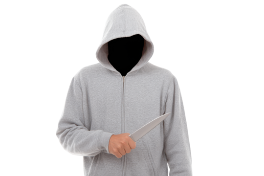 Anonymous person in a grey hoodie holding a knife isolated on transparent background. Anonymous hooded figure holding a knife isolated on white background.