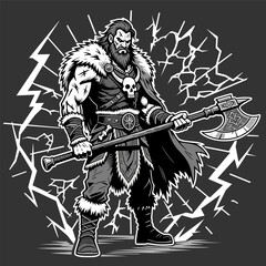 Powerful Viking berserker warrior with axe and skull necklace surrounded by lightning, dramatic monochrome vector illustration for fantasy and Norse design