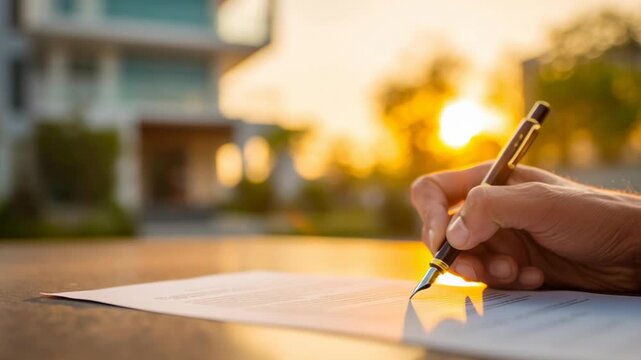 A person is writing on a piece of paper with a pen. The sun is setting in the background, creating a warm and peaceful atmosphere. The person appears to be in a relaxed state