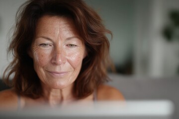 Woman smiling, looking down intently at a device, with natural light on her face