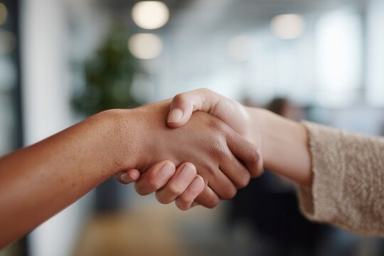 Two diverse hands shaking, symbolizing partnership, trust, and business agreement