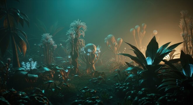 Mysterious Alien Jungle with Bioluminescent Flora and Ethereal Fog.