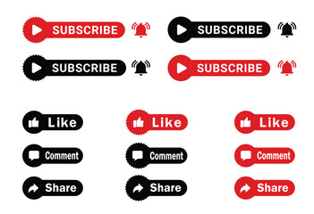 Subscribe Like Comment Share Buttons Red and Black Social Media Icons for Video Engagement
