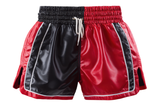 Pair of muay thai shorts in black and red isolated on transparent background. Pair of shiny muay thai boxing shorts red and black isolated on white background.