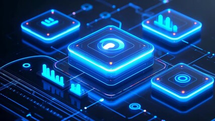 Modern abstract 3D illustration depicting a futuristic digital interface with glowing blue data and analytics icons, symbolizing technology, innovation, and big data solutions. - Powered by Adobe